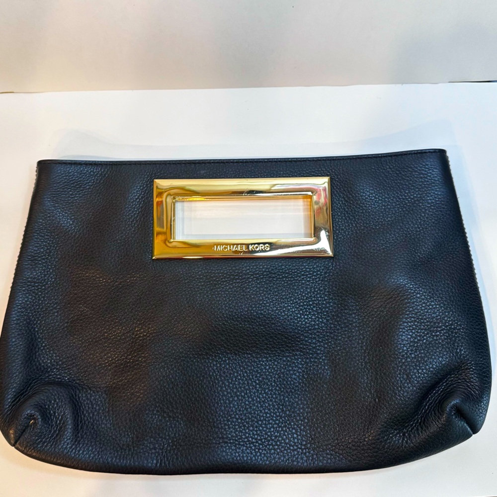 Michael Kors Pebble leather black gold clutch purse